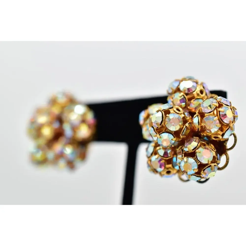 Vintage Crystal Clip On Earrings Aurora Borealis Prong Ball Flower 1950s BinBK